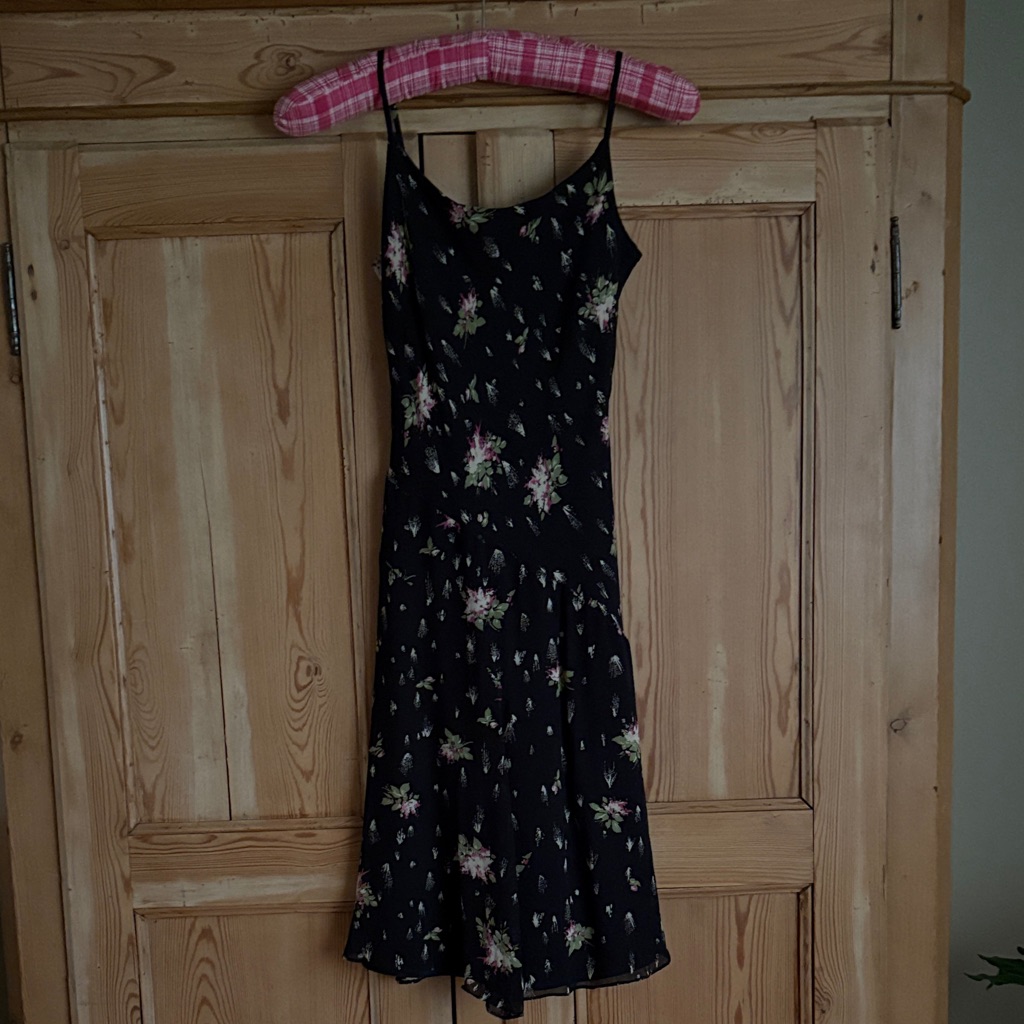 Banana Republic Black Floral Midi Dress With Pink & Green Accents